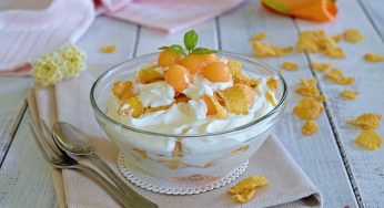 Coppa con crema di yogurt melone e cornflakes